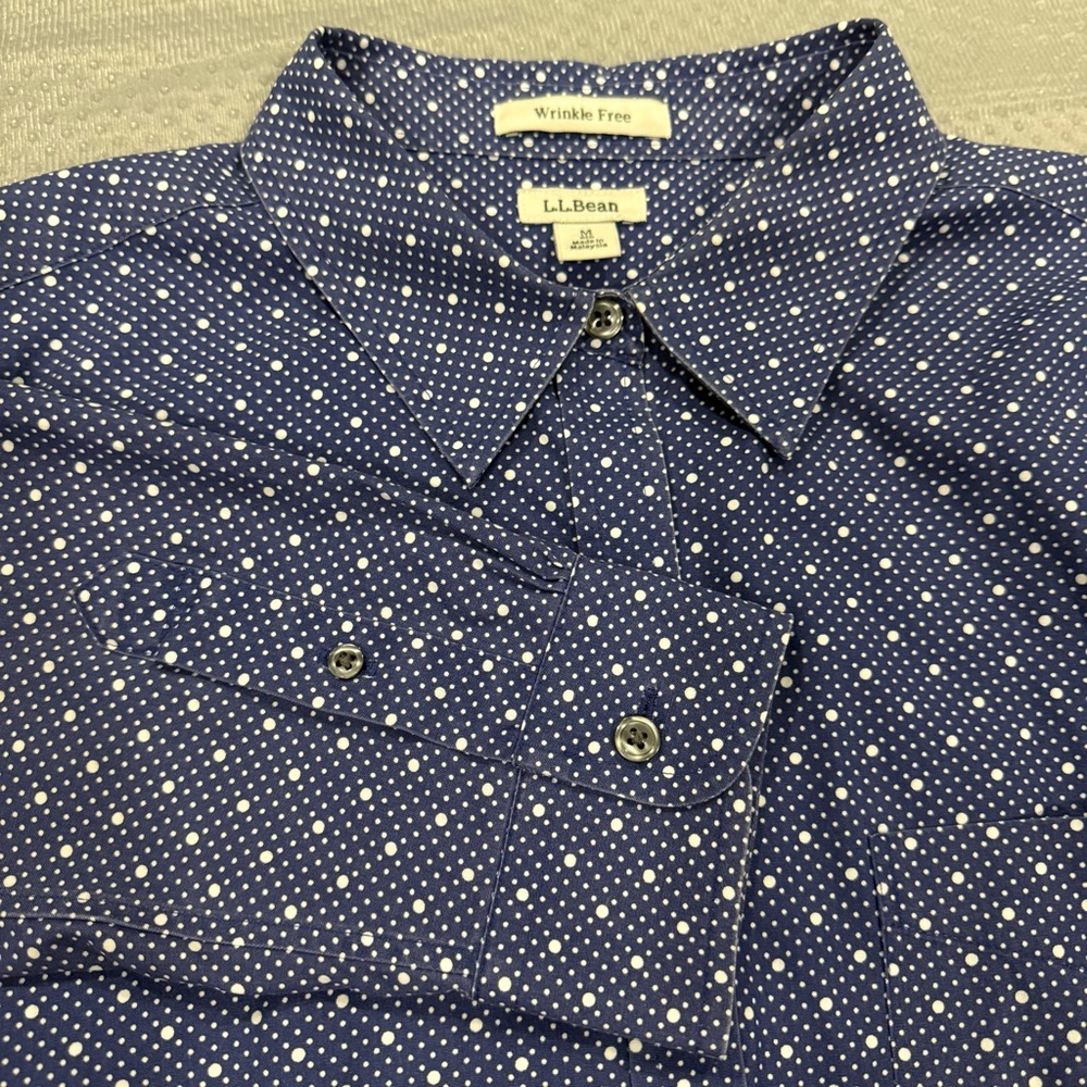L.L. BEAN 3/4sl Button Front WRINKLE FREE Cotton 'Dots' Shirt -‎ M Blue White